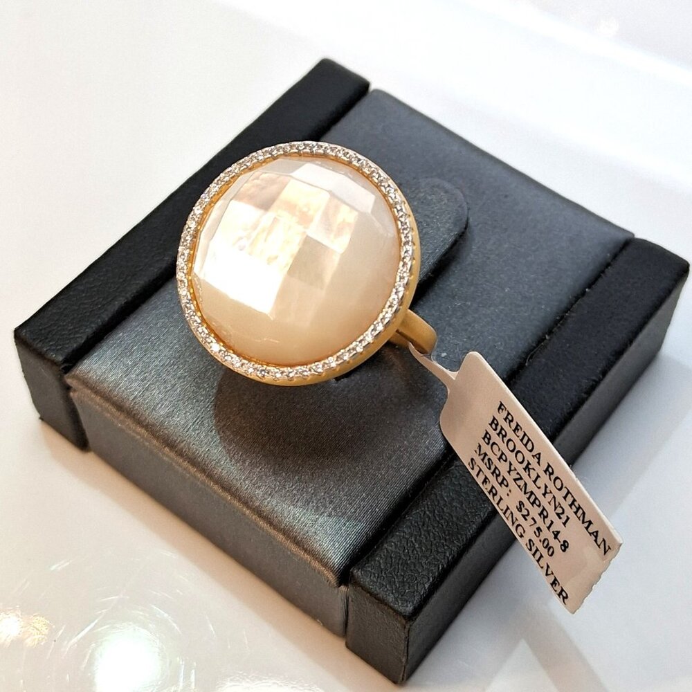 Freida Rothman Statement Ring MOP CZ Halo Gold on Sterling Size 6, 7, 8 Tag $275 - Picture 3 of 11